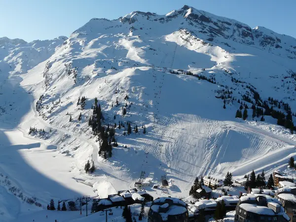 Pistes au-dessus de la station d'Avoriaz, versant enneigé et bas des immeubles (11 févr. 2008)