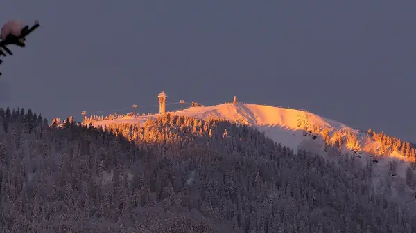 Le Seebuck et la tour du Feldberg au lever du soleil, vus de Bärental (janvier 2021)