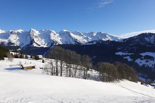 Vue vers la chaîne des Aravis enneigée depuis le secteur de la Joyère, février 2020