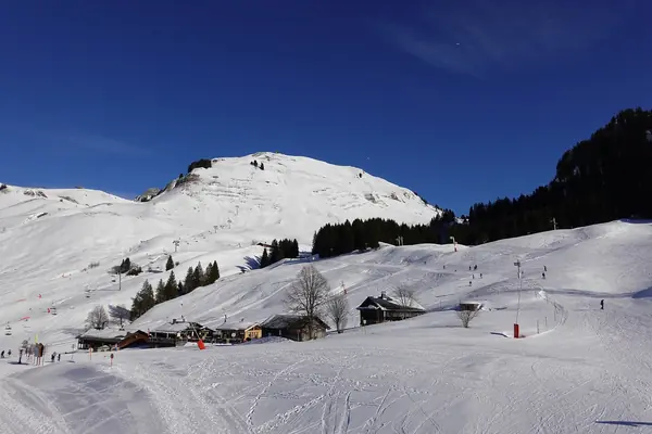 Le mont Lachat de Châtillon enneigé depuis l'arrivée de la télécabine du Rosay, février 2020