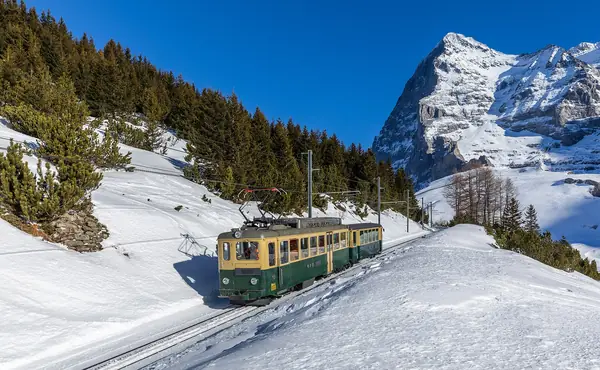 Train de la Wengernalp dans la neige entre la Kleine Scheidegg et la Wengernalp, Eiger derrière (18 janv. 2025)